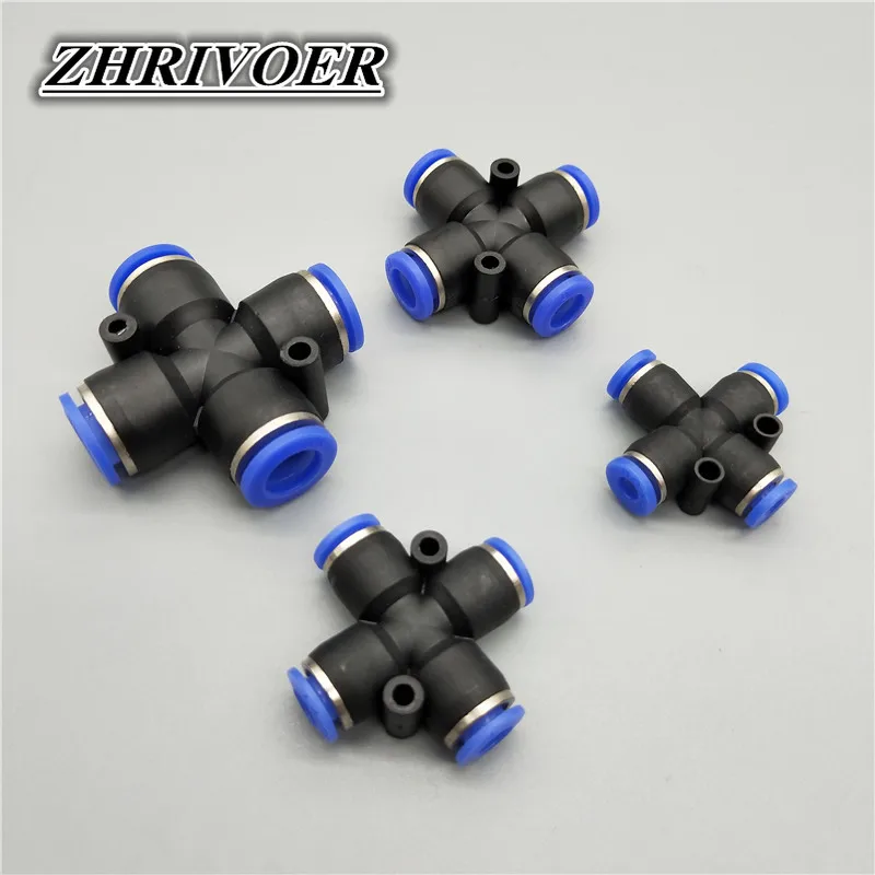 PZA Air Pneumatic Fitting 4 6 8 10 12mm OD Hose 4 Way Cross Shaped Splitter Push in Pneumatic Tube Connector Quick Fittings