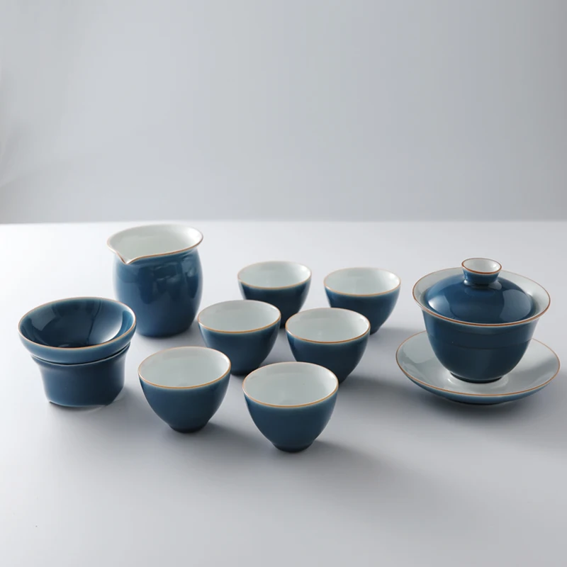 Chinese Kongfu 6 Persons Tea Set Gaiwan Navy Blue White Bone Porcelain Teaware Ceramics Teapot Sugar Bowl Gift Matcha Dinner Cer