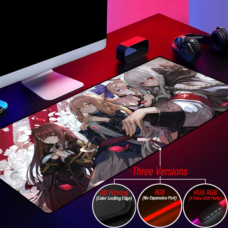 Personalized RGB Girls Frontline Gaming Mouse Pad HUB 4 Port USB Accessories Mousepad Customized Locking Edge Washable Desk Mat