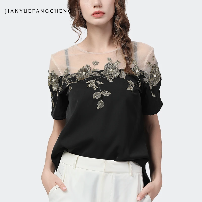 

Fashion Handmade Embroidered Black Satin Blouse Women See Through Mesh O-neck Tops Loose Thin Short Sleeve Female Summer Tops