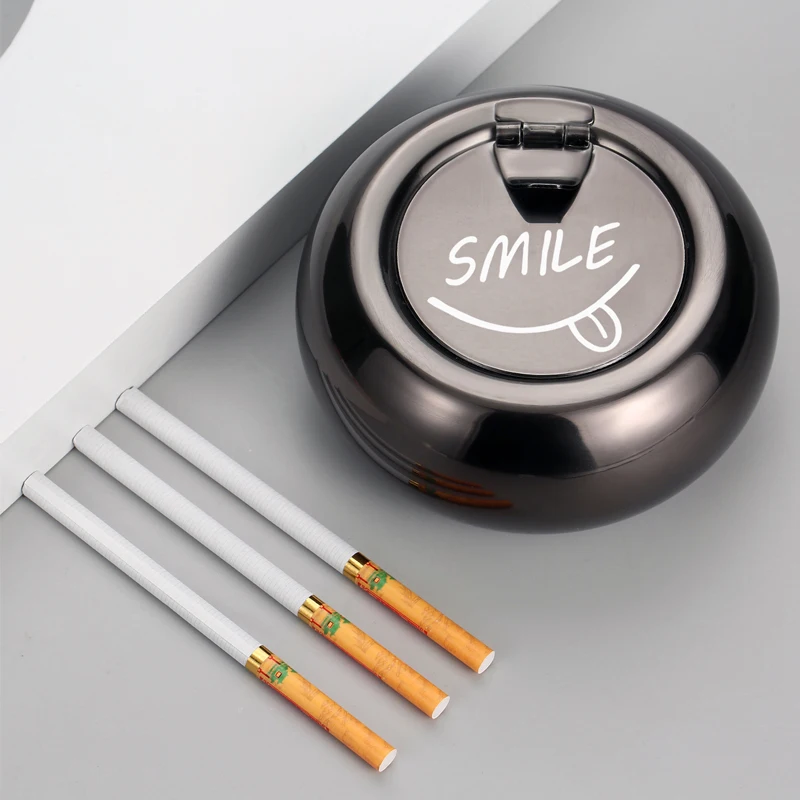 Black Metal Stainless Steel Cigarette Ashtray With Lid Smokeless Custom LOGO Windproof Cover Ash Storage Gift Smoking Accessory