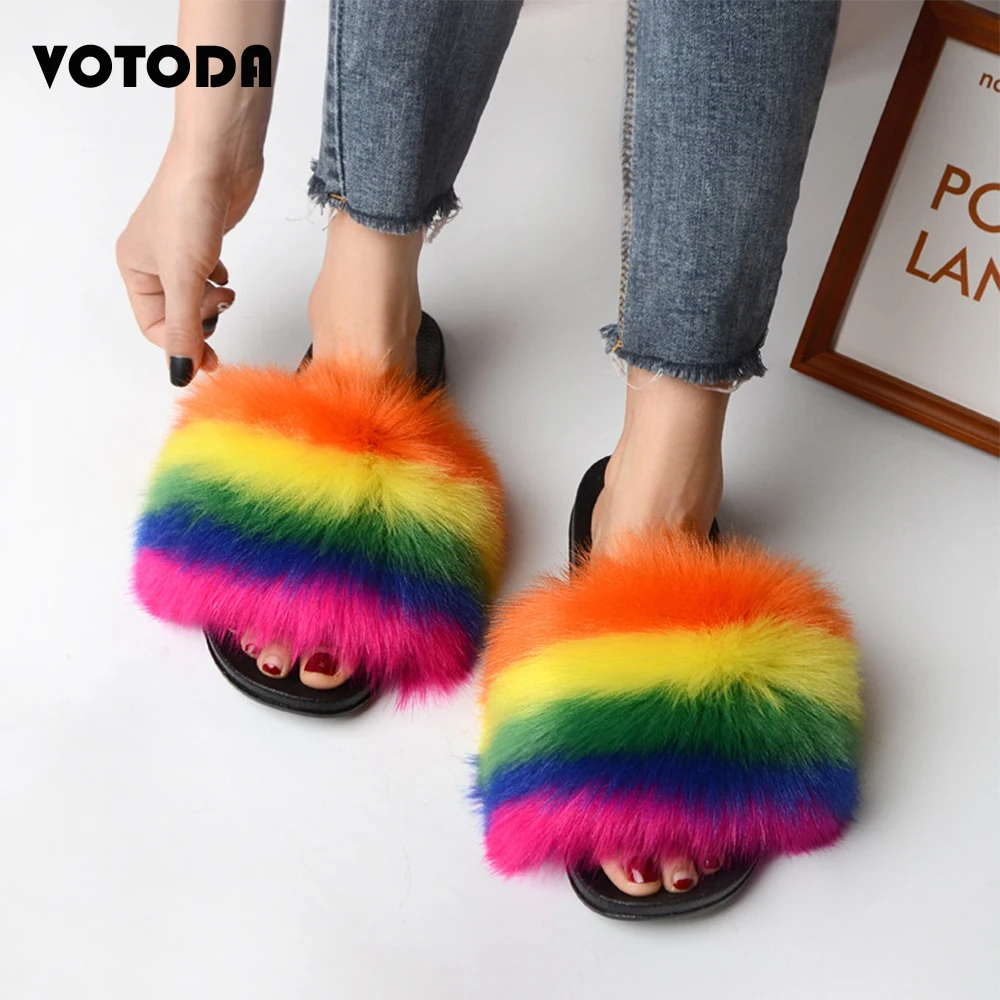 Women Furry Slippers Faux Fur Slides Mixed Colors Rainbow Flip Flops Fashion Girl Cute Plush Shoes Fluffy Shoes Woman Slides