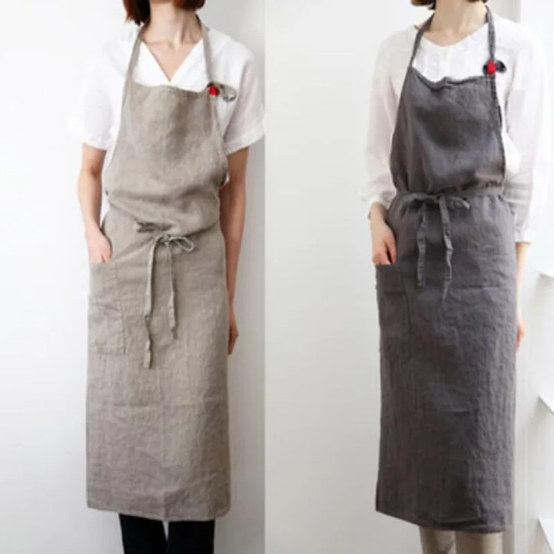 

Hot Sale Linen Kitchen Apron For Women's Simple Apron Solid Sleeveless Apron Flower Shop Apron Work Apron With Pockets