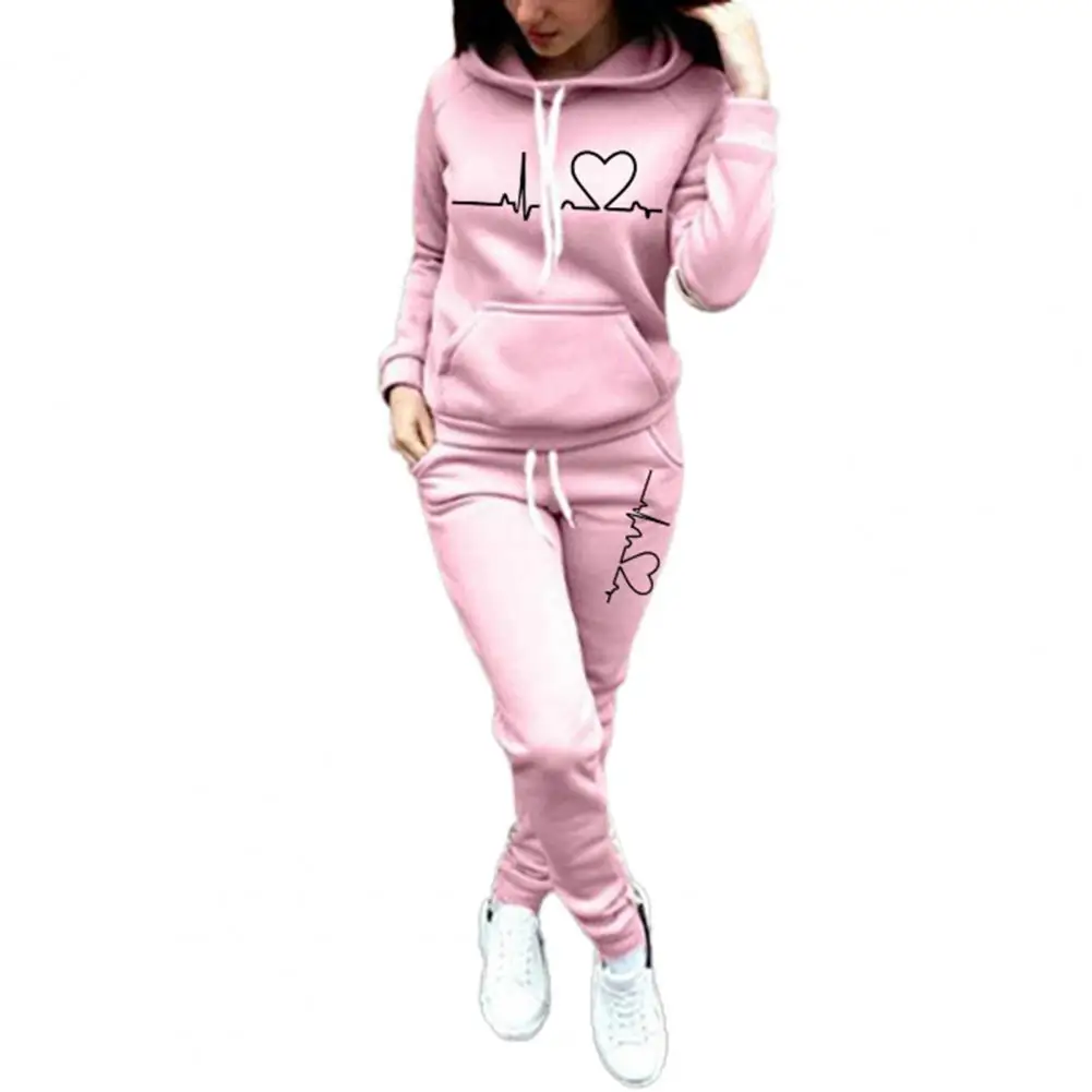 2 Pcs/Set Lady Tracksuit Fitness Outfits Heart Print Thick Warm Breathable Solid Color Hoodie Suit Hooded Suit Sportswear