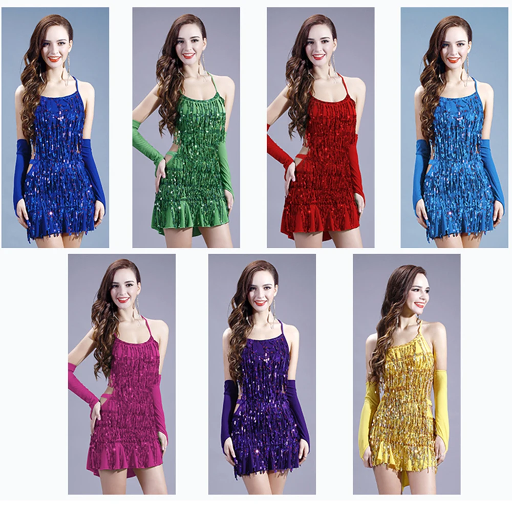 CACARE Sequins ชุดเต้นรำละตินผู้หญิงละตินเต้นรำการแข่งขันชุด Fringed Salsa 7 Choices D0334 Ruffled Hem Backless