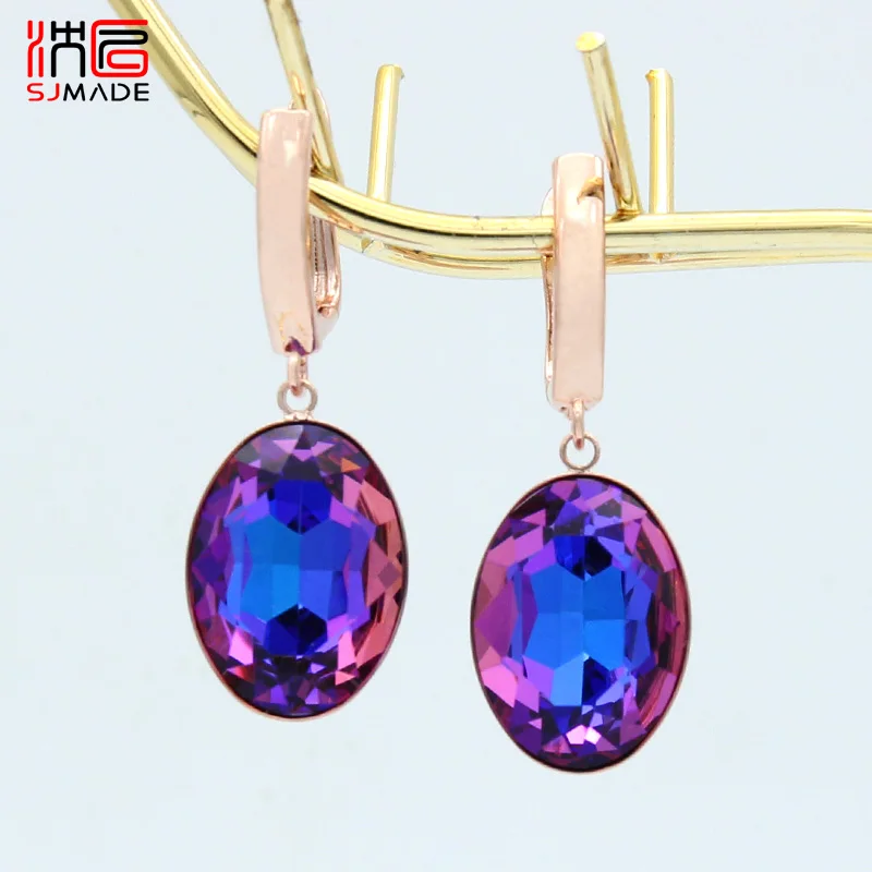 SHENJIANG New Fashion Simple Exaggerate Oval Large Crystal Dangle Earrings For Women Wedding Jewelry 585 Rose Gold Color Eardrop