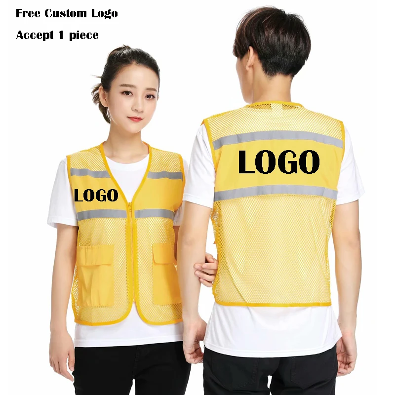 

New 1PCS Free Custom Design Multi-pocket Mesh Vests Print Logo Men Woman High visibility safety vest work Vest Workwear Uniform