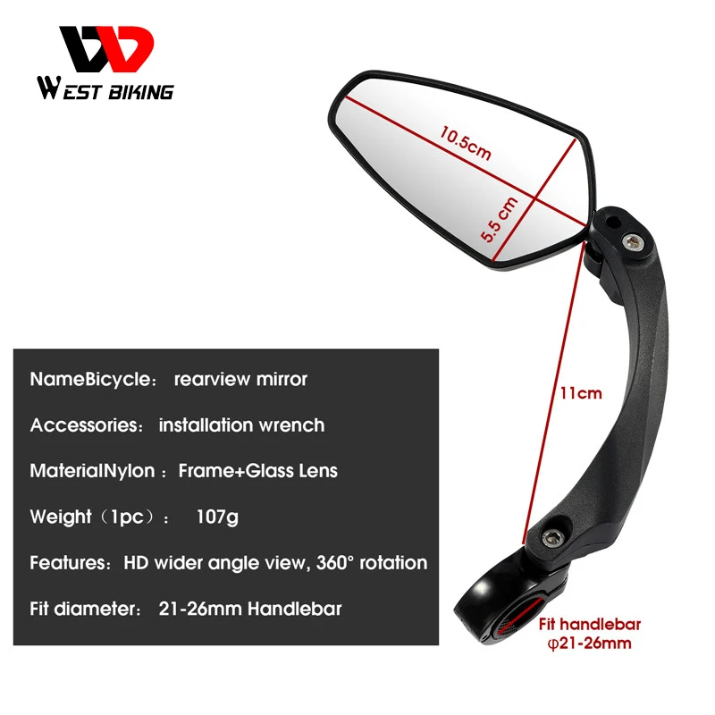 WEST BIKING Bicycle Rear View Mirror 360 Degree Rotate for Bike MTB Bicycle Electrical Bike Wide-Range Adjustable Angles Mirror