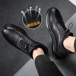 Autumn Sports Shoes Men's Leather Breathable Mesh Casual Leather Shoes Men's Shoes Trend Black Leather Non-slip Single Shoes