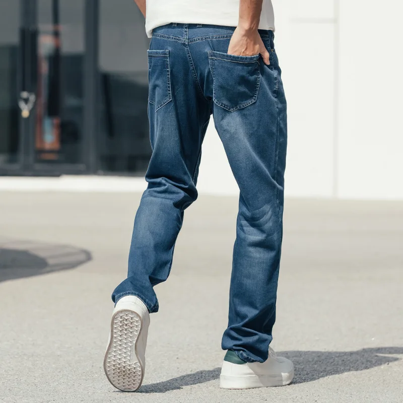 Summer Thin Section Men's Straight Large Size Loose Elastic Force Denim Jeans Blue Pants Hip Hop Leisure Streetwear Man Trousers