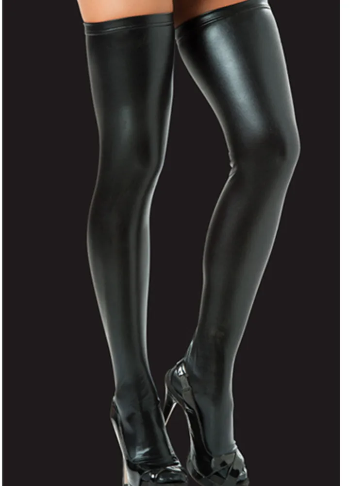 HOT Sexy Night Club Latex Stockings Faux Leather Stockings Women Black Red Silver Faux Leather Wet Look Vinyl Fetish Stocking