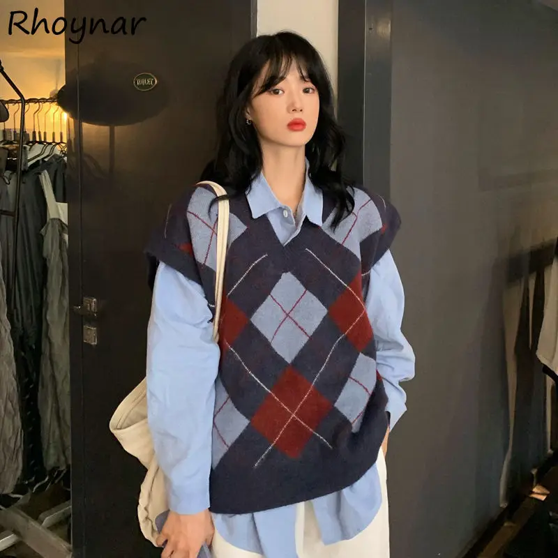 

Sweater Vest Women Argyle Vintage Design Students V-neck Harajuku Hot Sale Lovely Preppy Clothing Warm Spring Trendy All-match