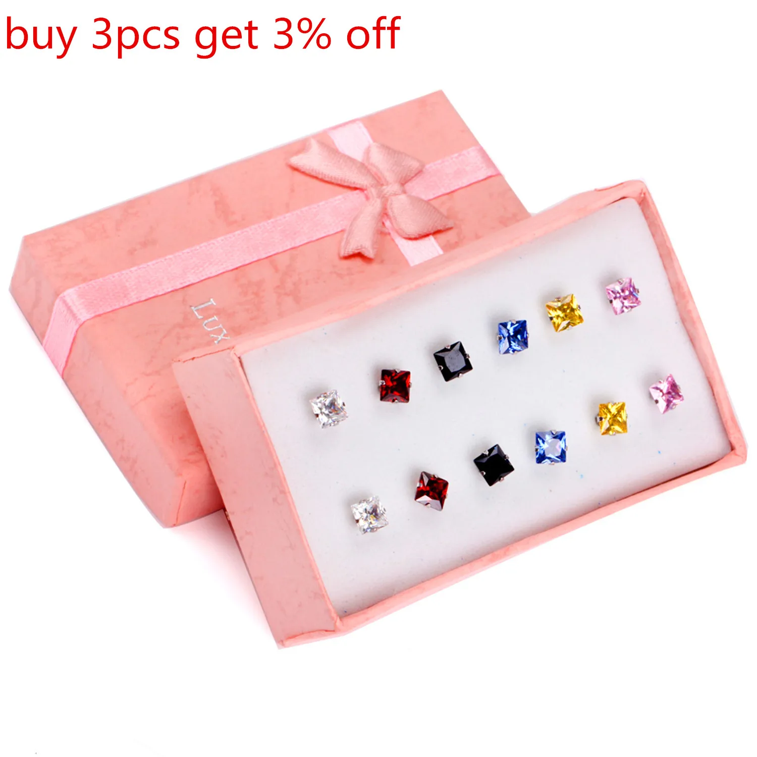 LUXUSTEEL Mixed Color Size 3mm/5mm/7mm Round/Geometry Cubic Zirconia Stud Earrings Stainless Steel 6pair/Boxes Earring Sets