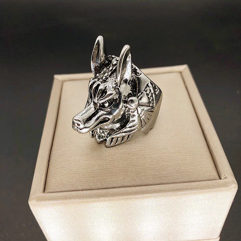 Retro Gothic Wolf Head Ring Personality Male Bull Head Skull Dragon Cobra Cross Snake Male Ring Punk Jewelry Evil Eyeball