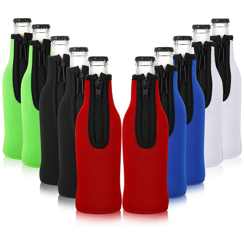 10 Pieces Beer Bottle Coolers Bottle Insulator Sleeve Covers with Ring Zipper for 12 Oz 330 Ml Bot