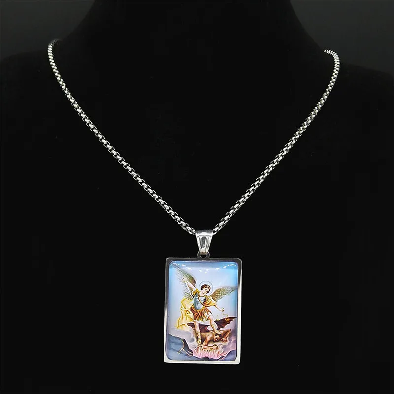 Saint Michael Arcanjo Michael Archangel Necklace Stainless Steel Glass Necklace for Men/Women Silver Color Gabriel Jewelry NBL24