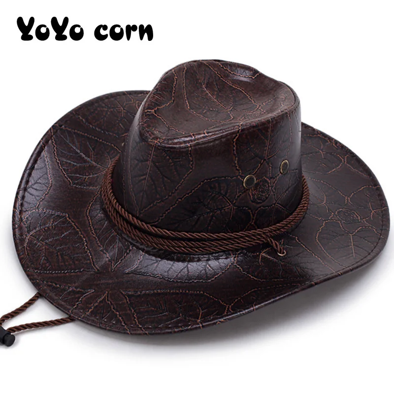 YOYOCORN  Pu leather men\'s American wind big western cowboy hat ladies knight hat outdoor visor unisex breathable cap