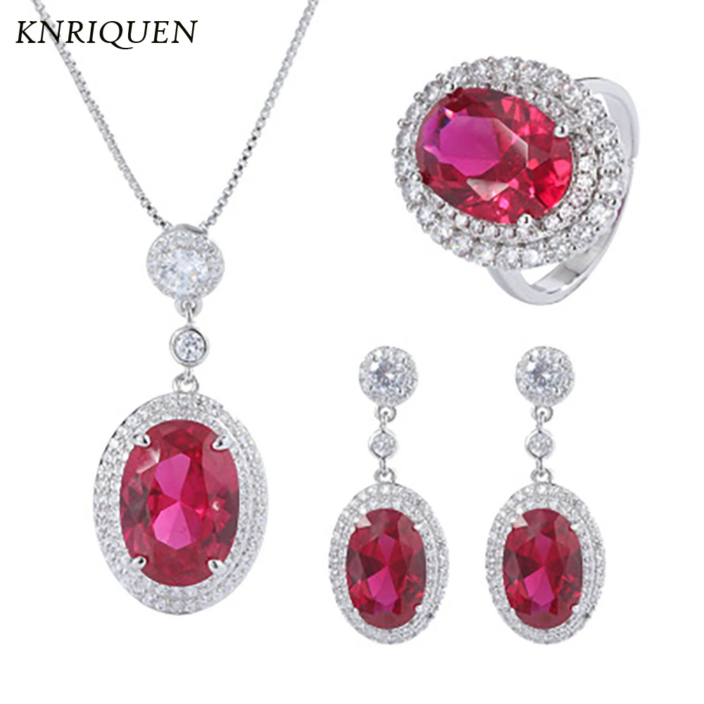 

Luxury Created Ruby Gemstone Diamond Pendant Necklace Earring Ring Wedding Party Fine Jewelry Sets for Women Vintage Accessories