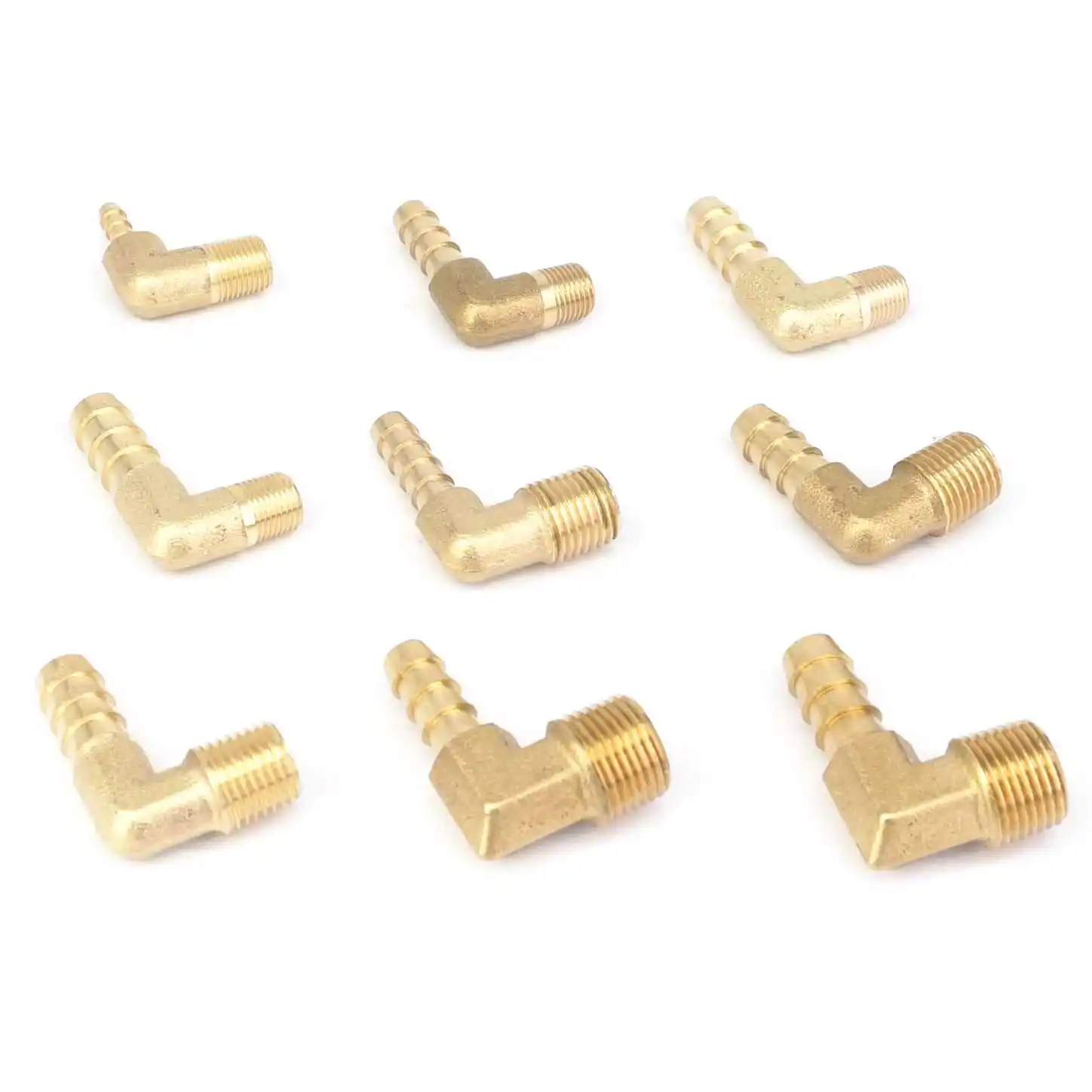 

Fit Tube I.D 1/4" 3/8" 3/16" 5/16" 1/2" 3/4" Barbed- 1/8" 1/4" 3/8" 1/2" NPT Male Elbow Brass Fittings Adapters