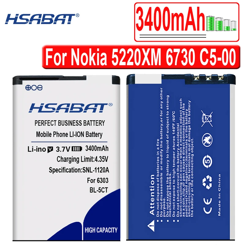 HSABAT 3400mAh BL-5CT BL5CT Battery For Nokia 5220XM Battery 6730 C5-00 C6-01 C3-01 6303C 5220 6730c C5 6303i