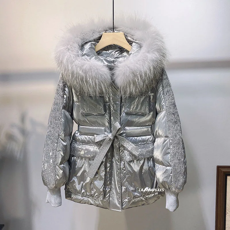 2022 New Winter Sliver Down Coats Puffer Jackets Women Fashion Glossy Sequins Real Big Fox Fur Collar Down Overcoat Female