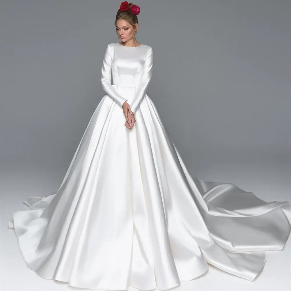 2021 New Vestidos de Noiva Elegant Satin Wedding Dresses A-Line Jewel Neck Long Sleeve Muslim Bridal Gowns Custom Made