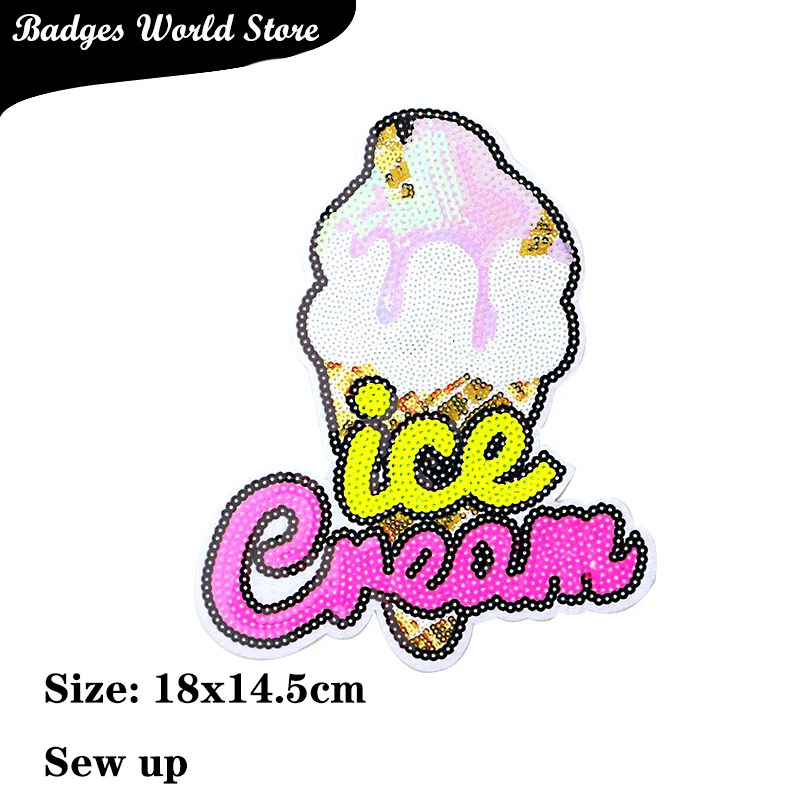 1 Pcs Cute ice cream sequin icon Embroidered Iron on Patches for Clothing DIY Stripes Clothes Patchwork Stickers  Custom Badges