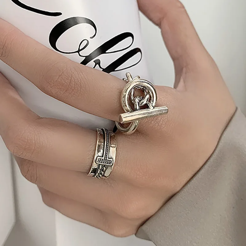 Foxanry Minimalist Silver Color Trendy Rings for Women Vintage Punk Thai Silver Width Chain Geometric Party Jewelry Gifts