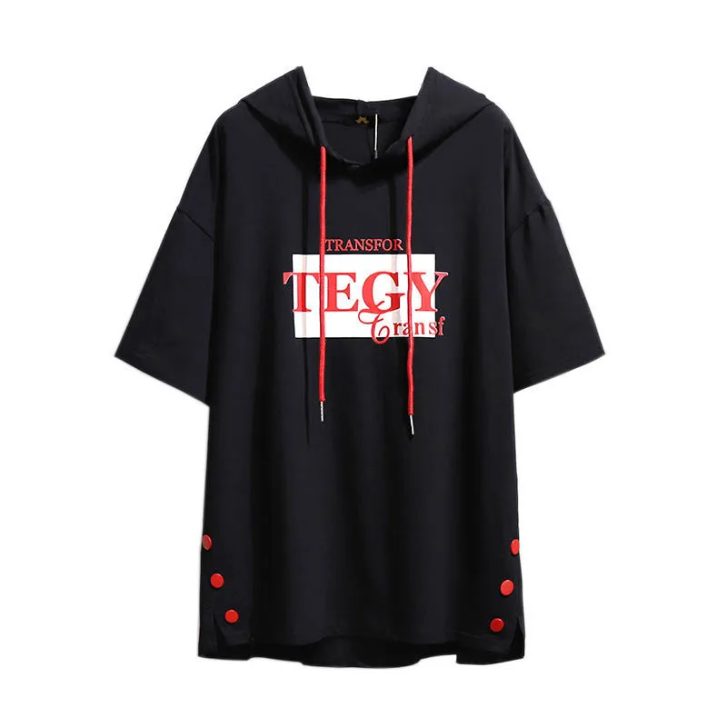 150Kg Plus Size Women\'s Summer Loose Hooded Short Sleeve T-Shirt Bust 157cm 6XL 7XL 8XL 9XL 10XL Button Letter Top Black Pink