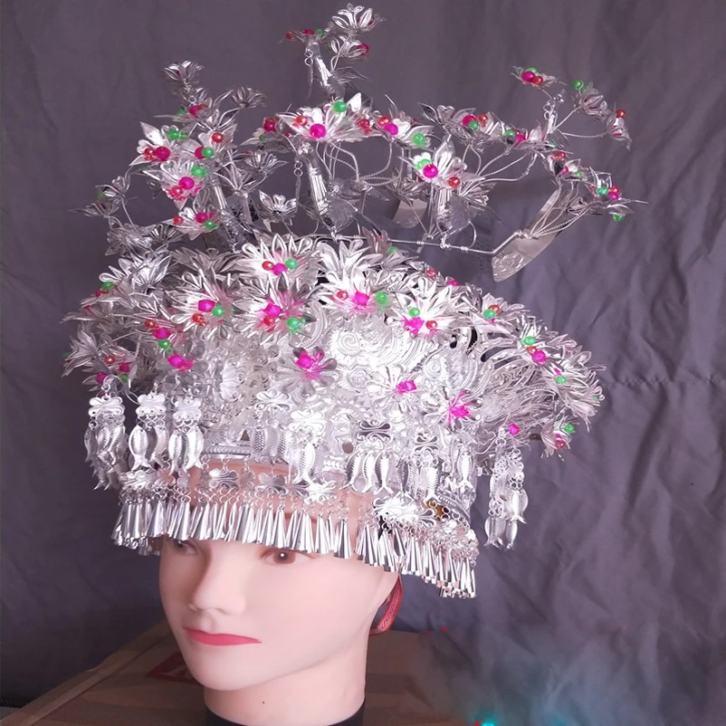 

Ethnic silver jewelry Miao nationality headdress silver cap phoenix crown Cosplay headgear