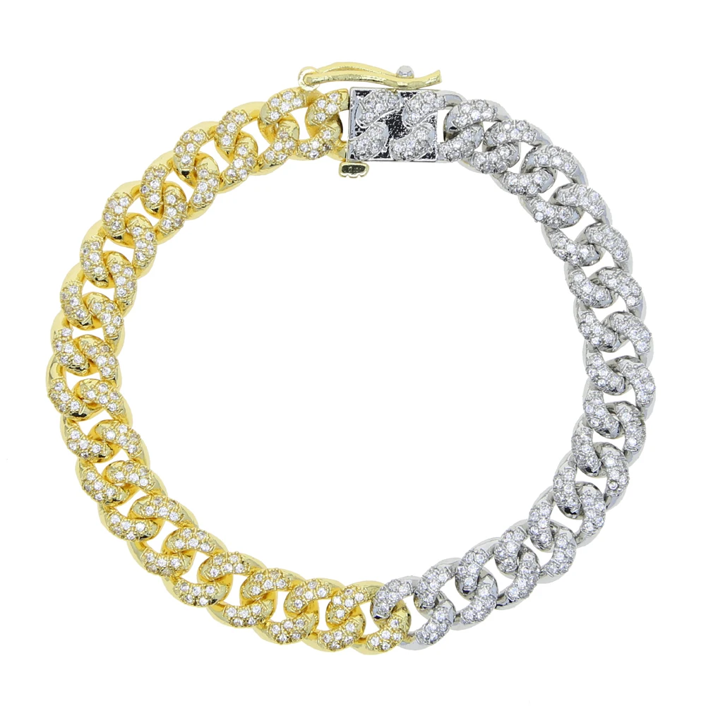 2026 New European Women Chain Jewelry Two Tone Gold Color Half White Half Yellow Micro Pave CZ Cuban Bracelet