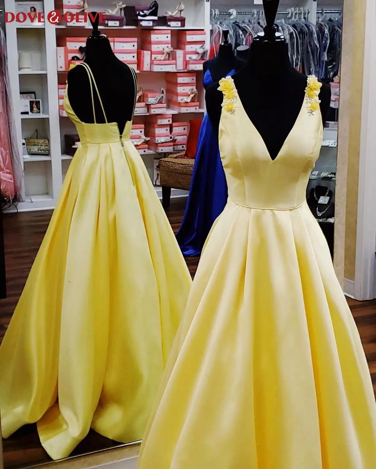 

Elegant Yellow Satin Long Prom Dress Satin V Neck Sleeveless Floral A Line Evening Gowns Formal Party sukienki wizytowe abiti