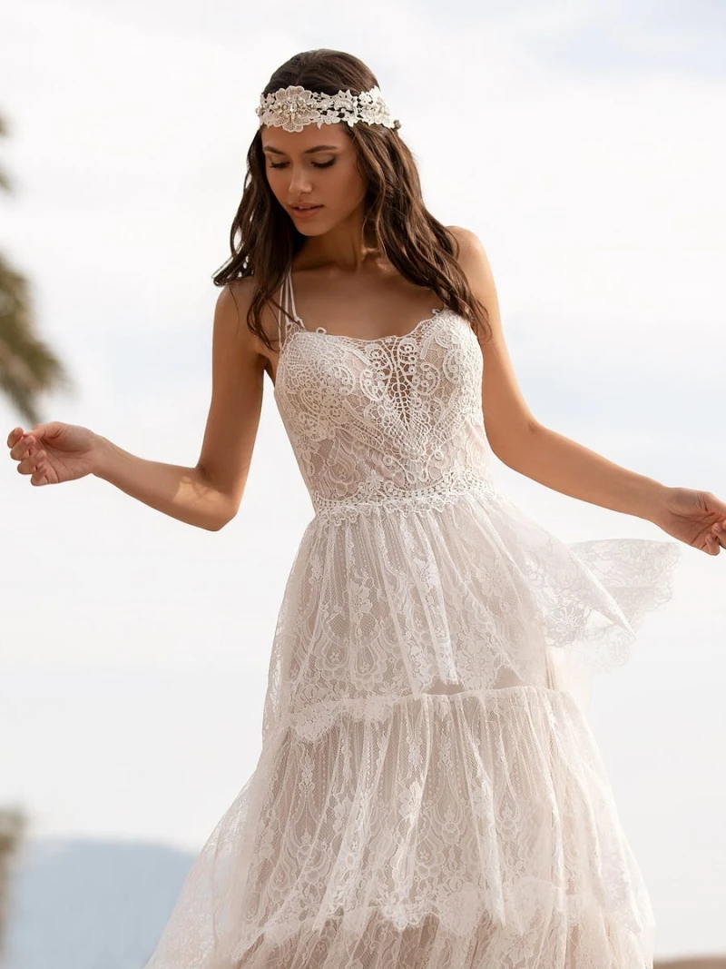 Robe De mariée en dentelle style Boho, longueur au sol, décolleté en cœur, élégante, bohème, 3 couches, rustique, Vintage, sans manches, dos nu, 2021