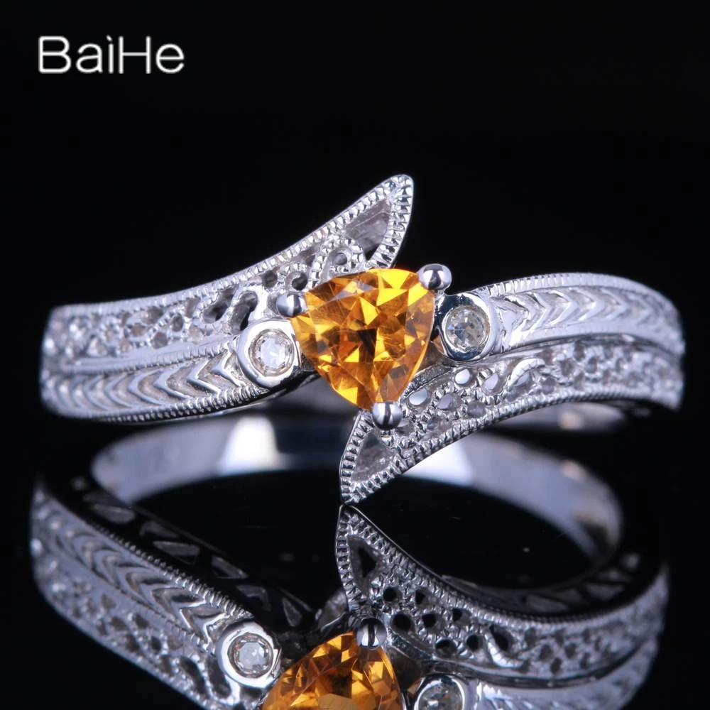 BAIHE Solid 14K White Gold Natural Citrine rings for women Party Wife Vintage Engagement Prom Fine Jewelry кольца anillos anel