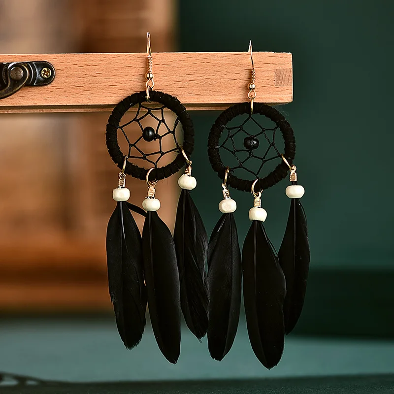 Green Blue Red Feather Tassel Earrings for Women Feather Fringed Dreamcatcher Long Earring Women's Handmade Boho Earings Jewelry