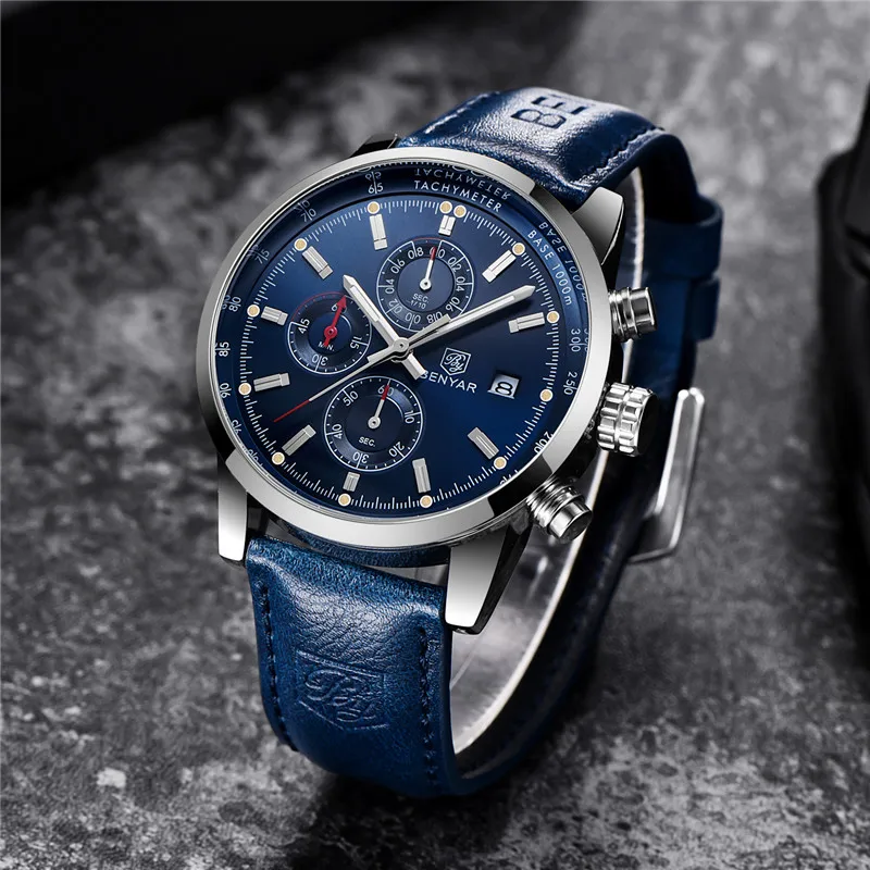 BENYAR Men's Watches Luxury Top Brand Quartz Chronograph Watch Fashion Sports Automatic Date Leather Men Clock Relogio Masculino