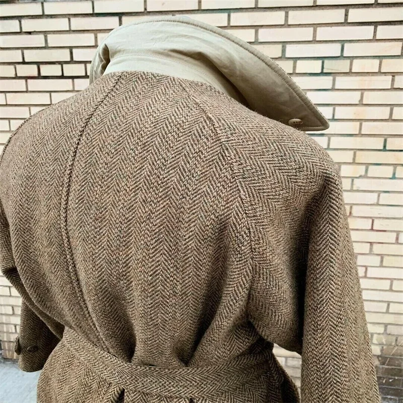 Trajes de espiga marrón con cinturón de lana gruesa para hombres, abrigo largo hecho a medida, solapa, chaqueta de negocios de moda, alta calidad