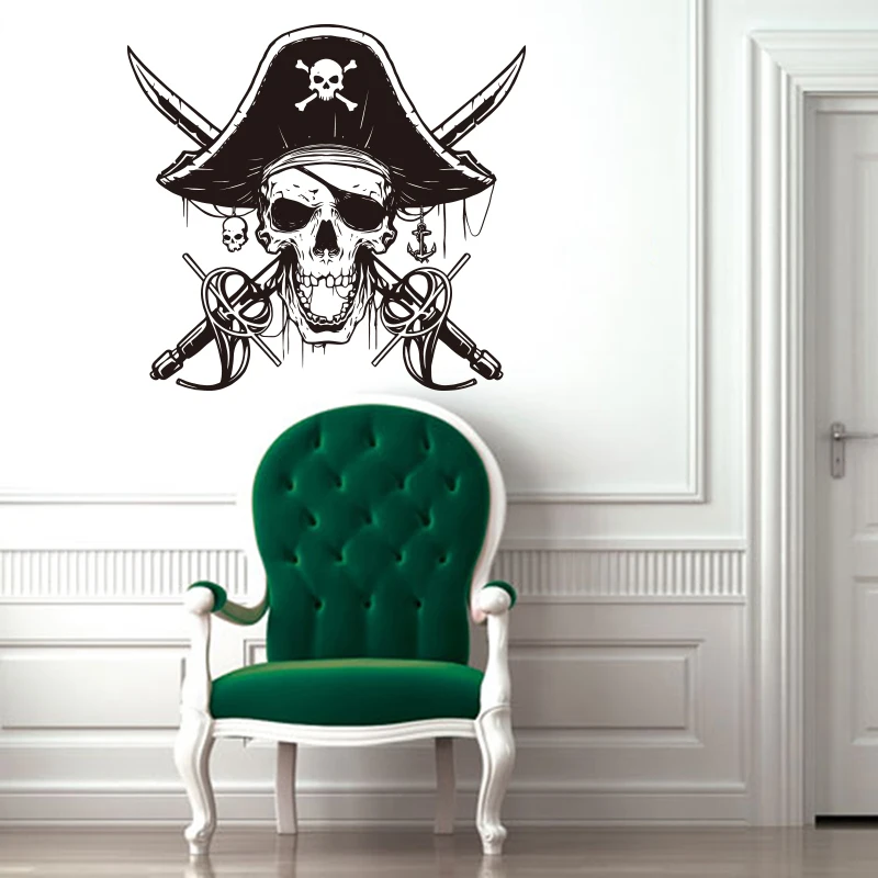 Cartoon Nautical Pirate Sabers Skull Wall Sticker Kids Room Playroom Sword Weapon Captain Ocean Wall Decal Gameroom Vinyl Decor