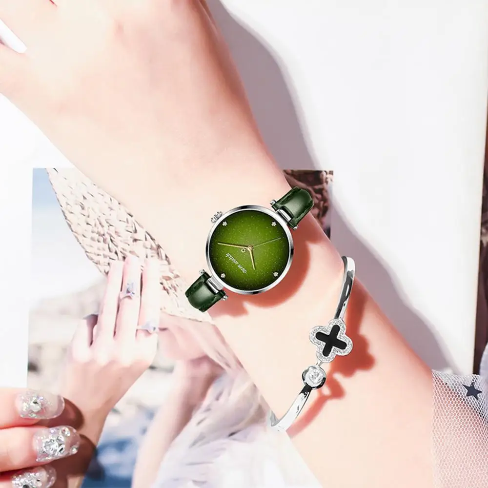 DOM Top Luxury Fashion Female Quartz Wrist Watch Elegant Green Women Watches Leather Waterproof Clock Girl Pattern Watch G-1292