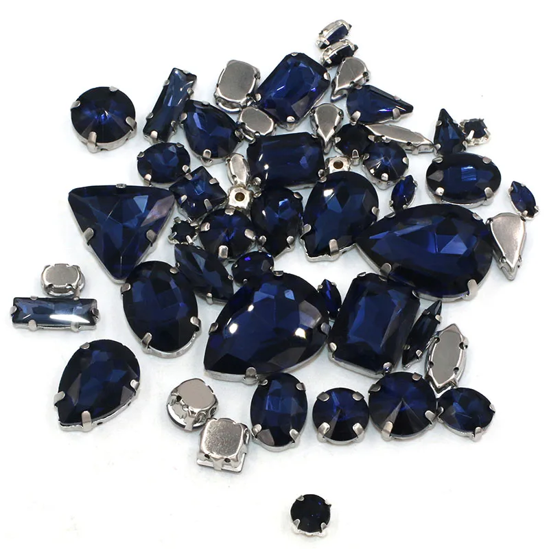 New arrive 50pcs/bag high quality mixed shape Ink blue glass crystal sew on rhinestones with claw diy clothing accessories