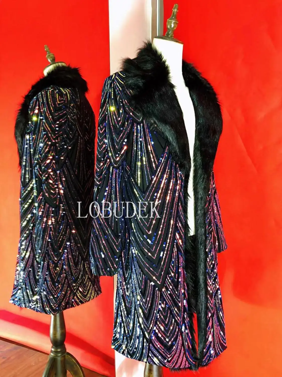 男性フェイクファー襟スパンコールオーバーコートバーナイトクラブ男性歌手コンサートステージロングコートカーニバルパーティーショーパフォーマンス衣装