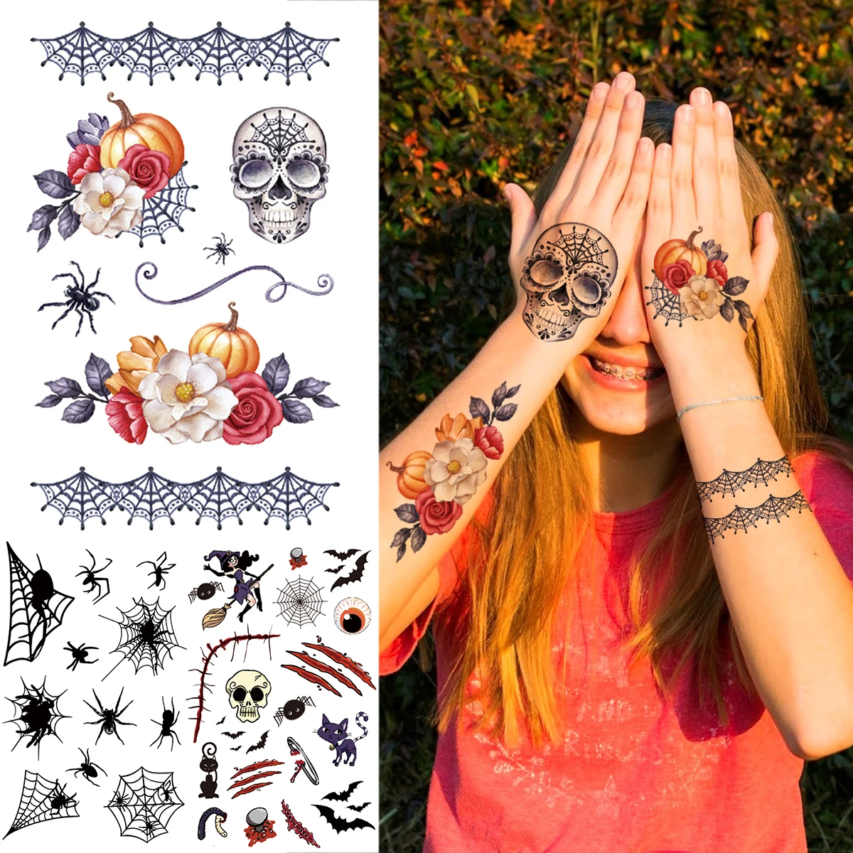 Black Halloween Spider Temporary Tattoos For Kids Children Realistic Fake Bat Scarecrow Skull Tatoos DIY Small Tattoo Stickers