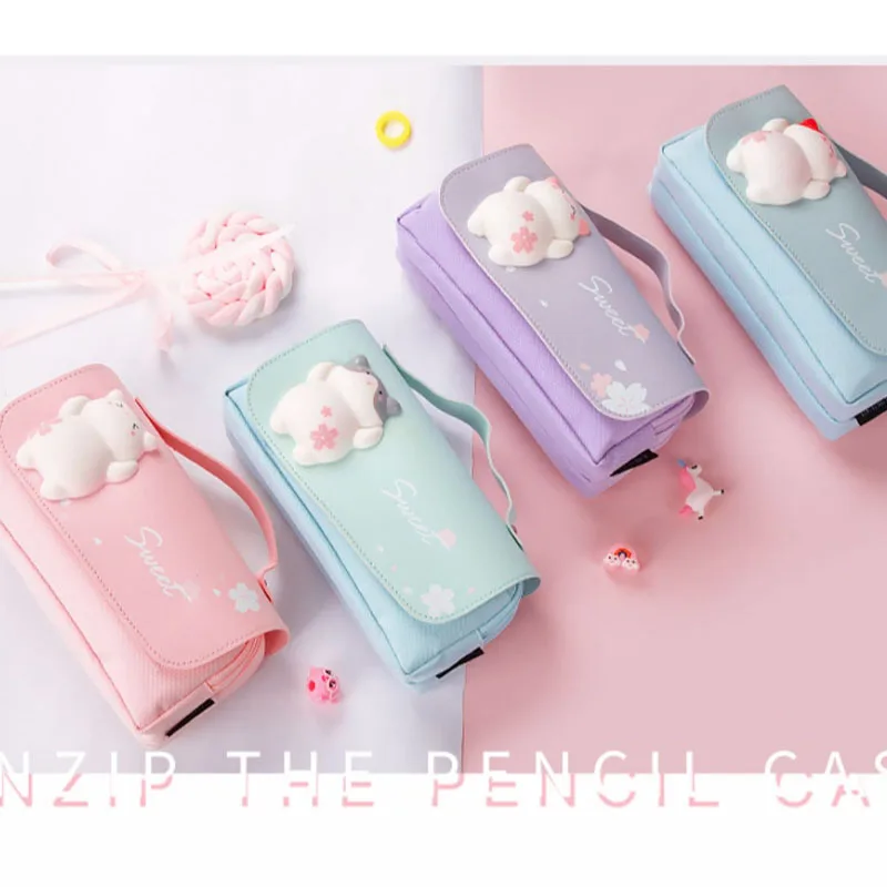 Imagem -04 - Cute Cat Decompression Pencil Case Grande Pencil Box Portable Girls Pen Bolsa Bolsa Escolar de Dupla Camada Papelaria Kawaii