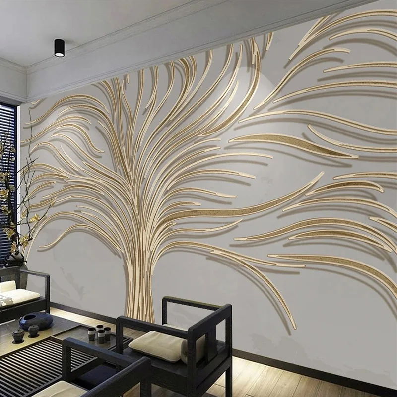 Custom Creative Waterproof Mural Wallpaper Light Luxury Hand-painted Creative Tree 3D Golden Embossed Line Background Wall Decor