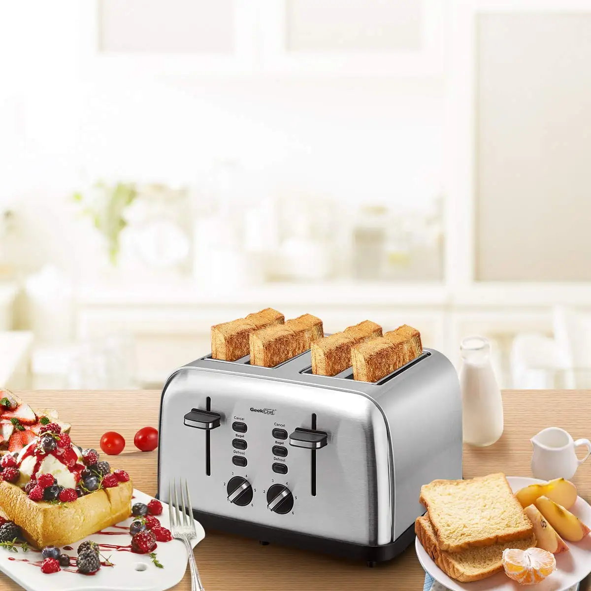 Stainless Steel Extra-Wide Slot Toaster with Dual Control Panels of Bagel/Defrost/Cancel Function,Removable Crumb Trays, Auto Po