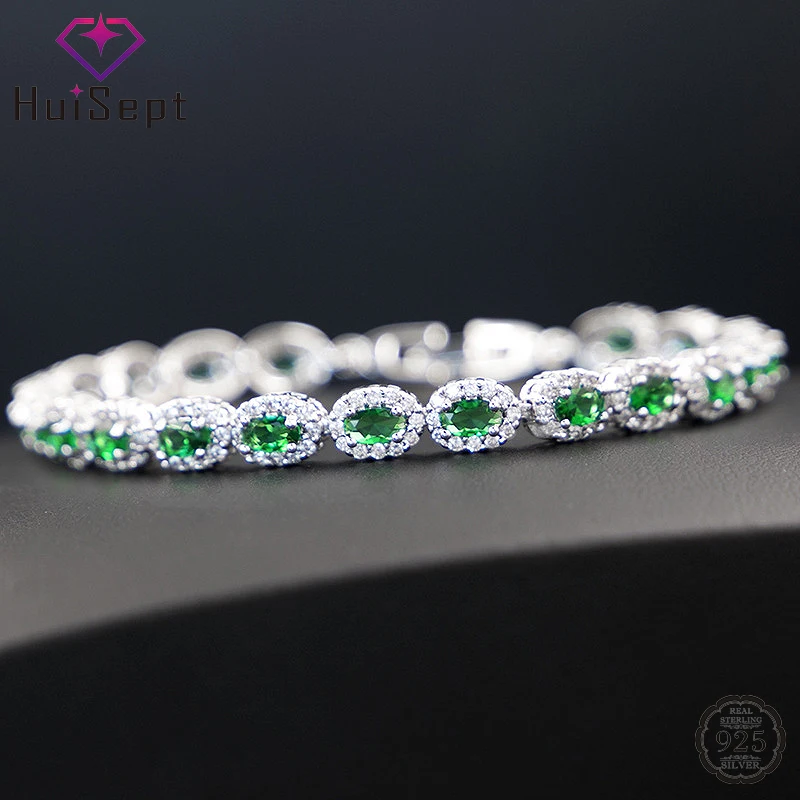 HuiSept Luxury Charm Bracelet for Women 925 Silver Jewelry Oval Emerald Zircon Gemstone Accessories Wedding Engagement Bracelets