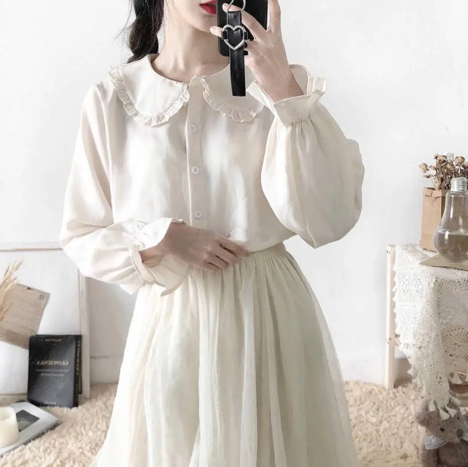 NONSAR Sweet Japanese JK Doll Collar Shirt Female Student Lolita Small Fresh College Style Loose Long Sleeve Primer