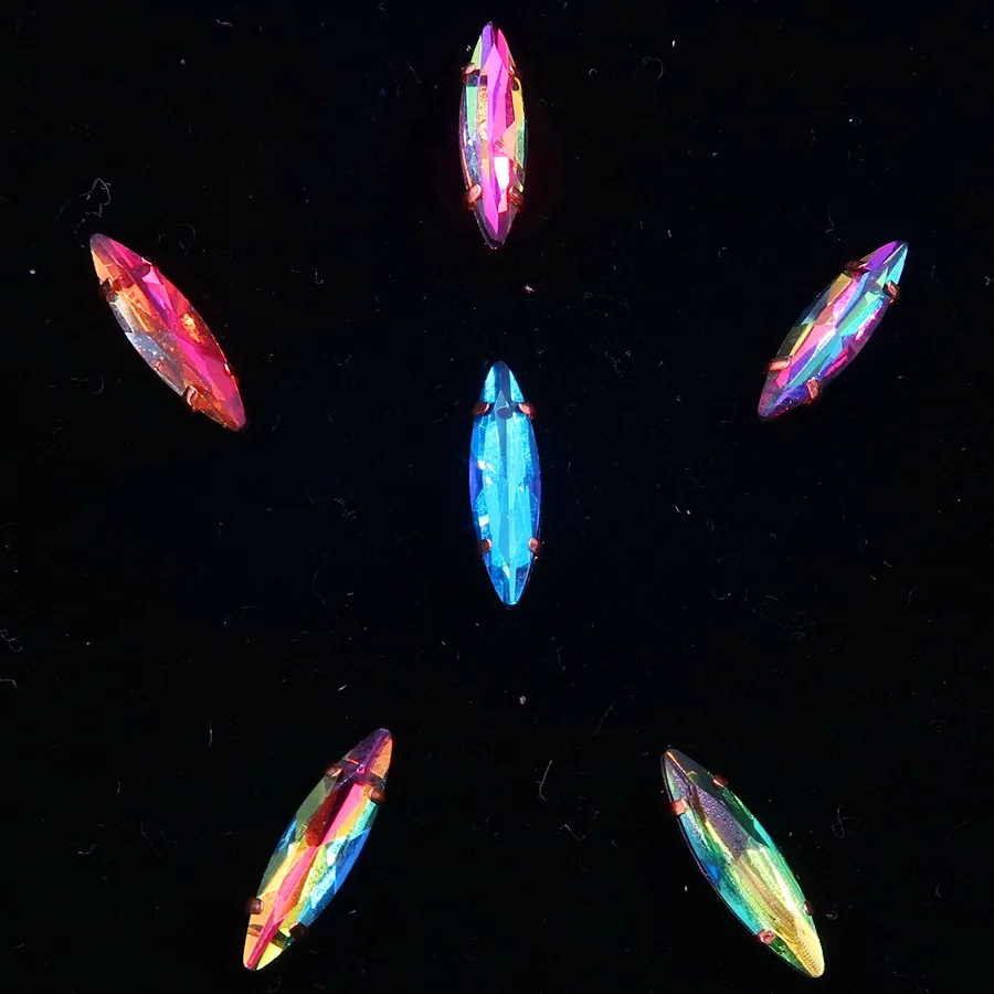 Schlanke Navette-förmige Goldklauenfassungen, 50 Stück/Packung, Regenbogen- und Jelly-Candy-AB-Glaskristalle, 4*15 mm, zum Aufnähen, Strass-Applikation, DIY – Detail 3