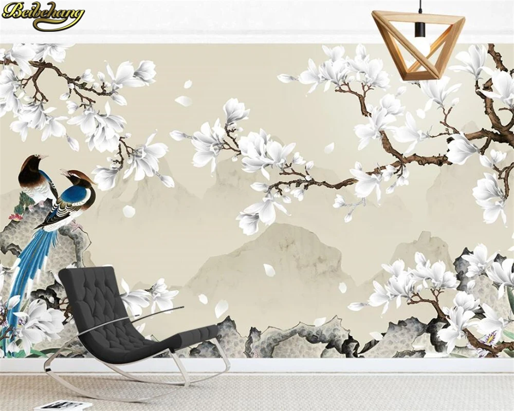 

beibehang Custom 3d wallpaper mural new chinese style white magnolia bird hand painted brushwork flower and bird background wall