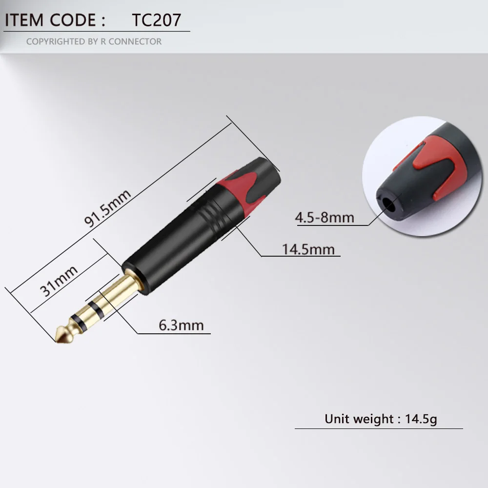 2 uds Jack 6,35 MM conector macho estéreo de 3 polos tubo de aluminio latón chapado en oro conector de Cable de Audio con enchufe de micrófono de 1/4 pulgadas